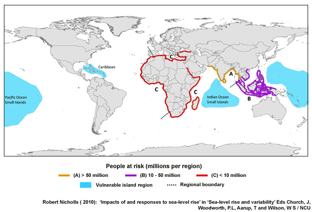 Map showing regions most vulnerable to coastal flooding based on climate projections for the 2080s that assumes a global sea level rise estimate of 18 in. (45 cm). 