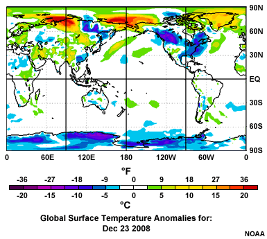 Tuesday, Dec. 23, 2008: Notice the cold snap in the eastern third of the U.S. and western Canada.