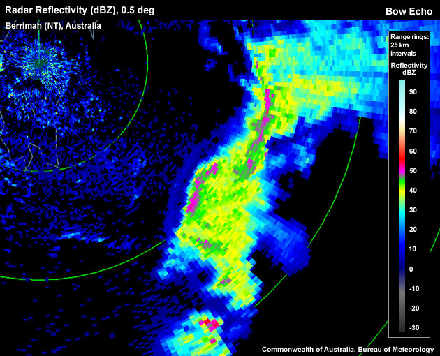 Radar Reflectivity (sBZ), Berrimah (NT), Australia, Bow Echo