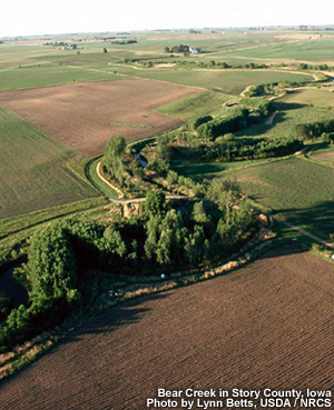 Aerial view of rural Bear creek in Story County Iowa